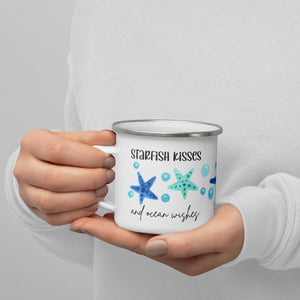 Starfish and Sea Glass Beach Themed White Enamel Mug