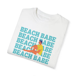 A Guy's Guy Mens' Beach T-Shirt 🏳️🌈 "Beach Babe Sitting on Beach"