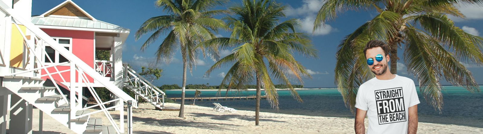 Men's Beach Wear is an image of a man wearing a green shirt saying Save Me A Cool One with an image of a beer mug. He is wearing a lephruchaun hat in front of a big summer sign.