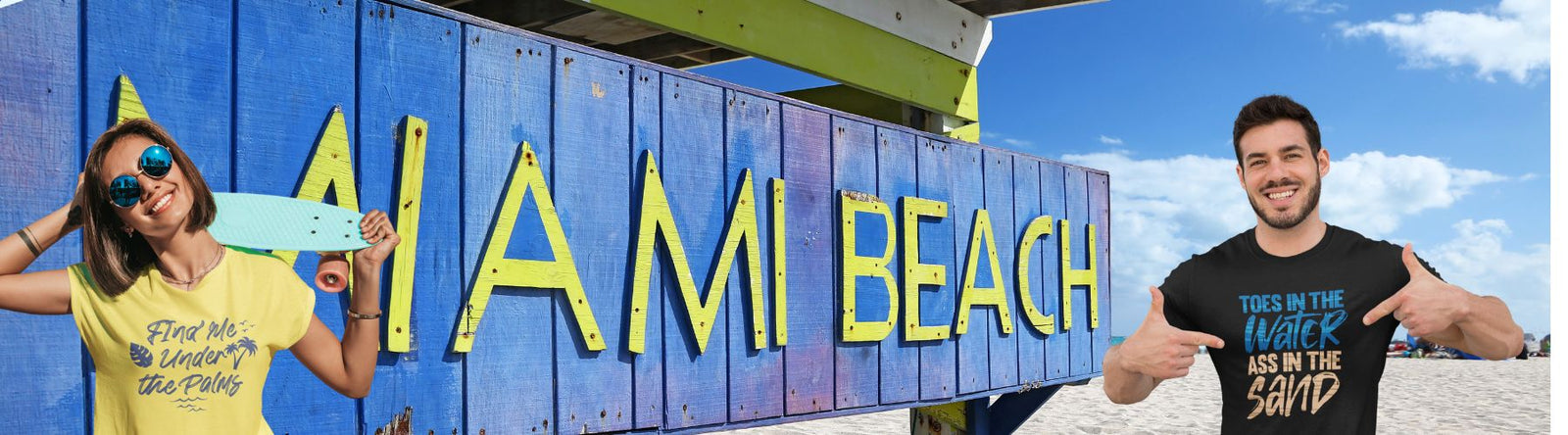 Beach T-Shirts is an image of a woman and man in front of a Miami Beach sign.  Her shirt is yellow with the text and image Meet Me Under the Palms in a dark blue, his shirt is black with the text Toes in the Water Ass in the Sand