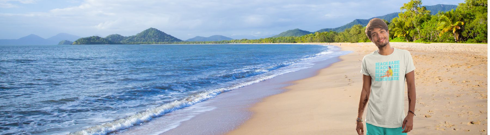 Men's Beach T-Shirts shows a man sitting on rocks on the coastline wearing a red shirt with the text Happiness Comes In Waves.