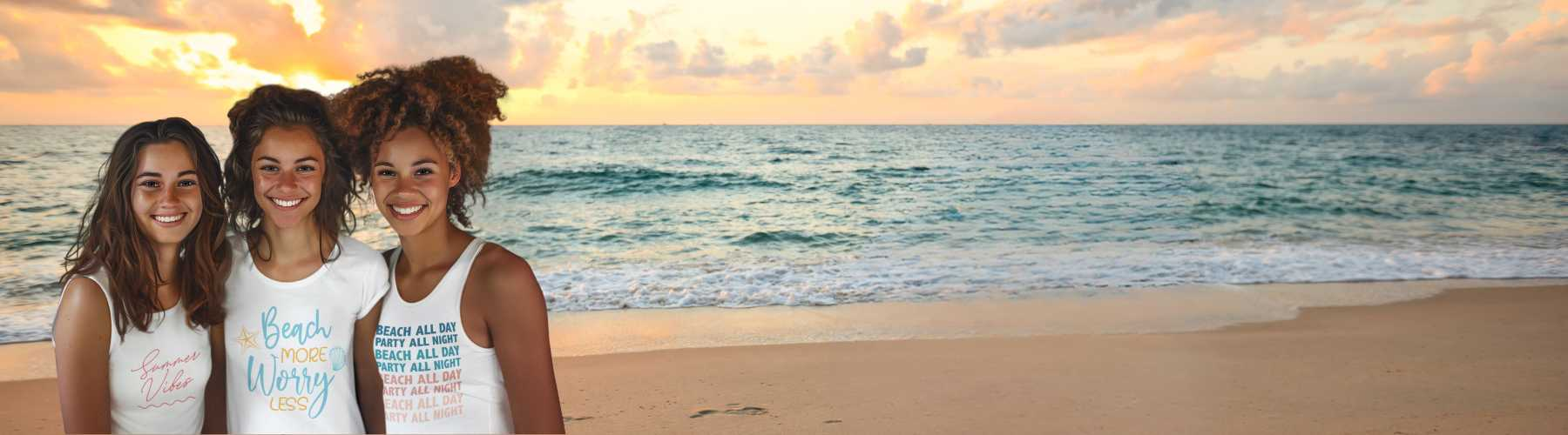 The image is 3 young women on the beach. All shirts are white. One is wearing a t-shirt saying Beach More Worry Less.  The others wear tank tops saying Summer Vibes and Beach All Day, Party All Night. The background is of the beach at sunset.  