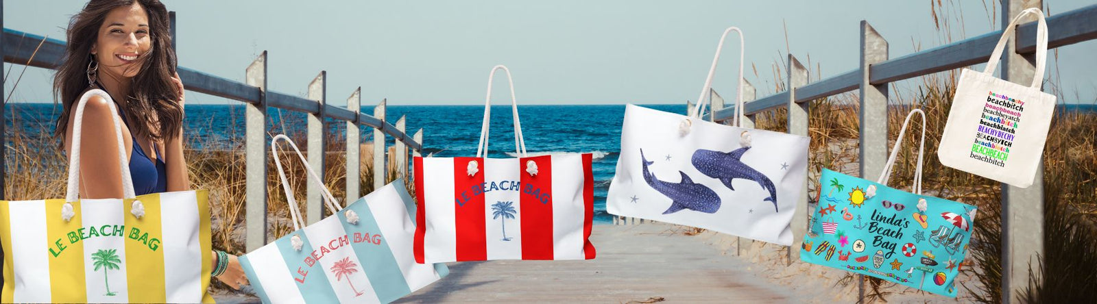 Beach Bags and Totes showcase 2 teal colored canvas totes and one natural color tote. The teal totes can be personalized with a persons name and have many small beachy images on them. The natural canvas tote has variations of the text BeachBitch.