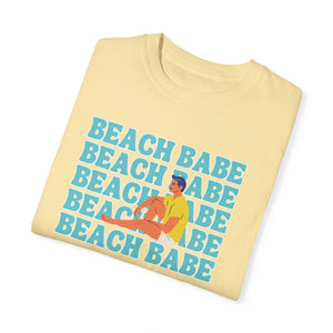 A Guy's Guy Mens' Beach T-Shirt 🏳️‍🌈 "Beach Babe Sitting on Beach"