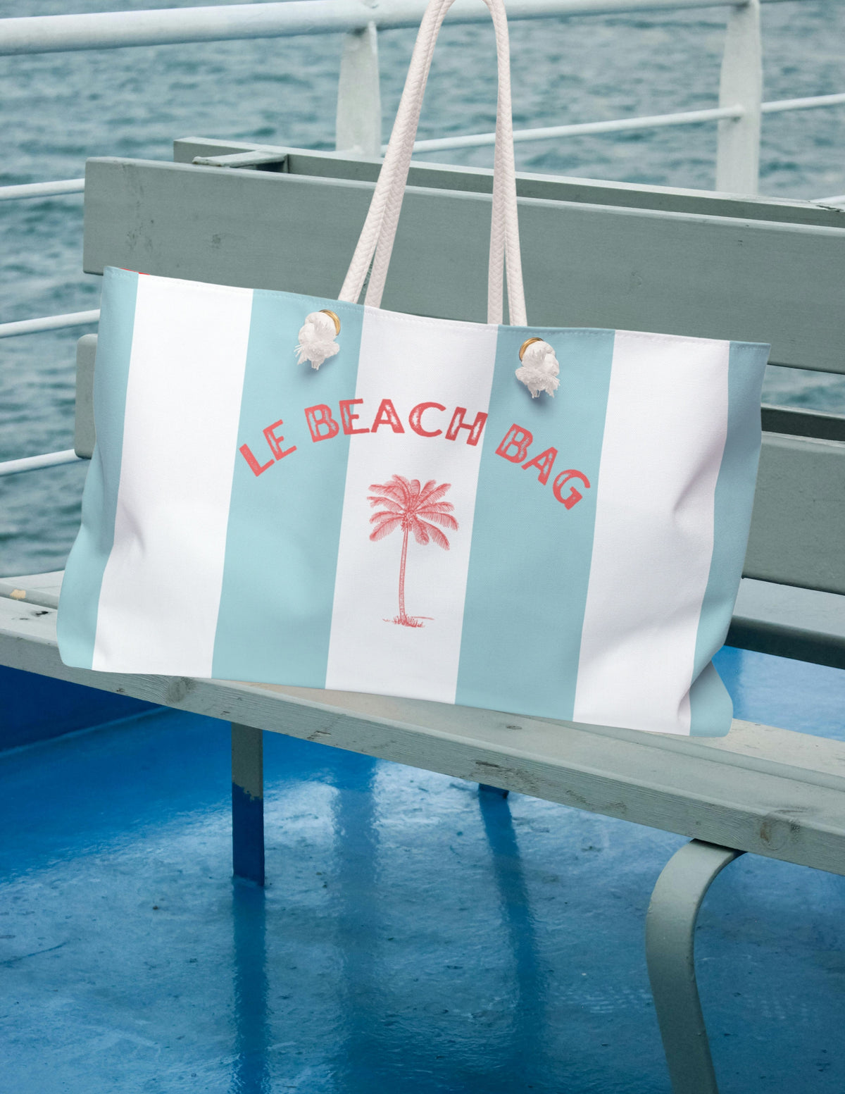 LE BEACH BAG WEEKENDER BAG - STRIPED BEACH BAG WITH PALM TREE DESIGN AND HIDDEN MESSAGE