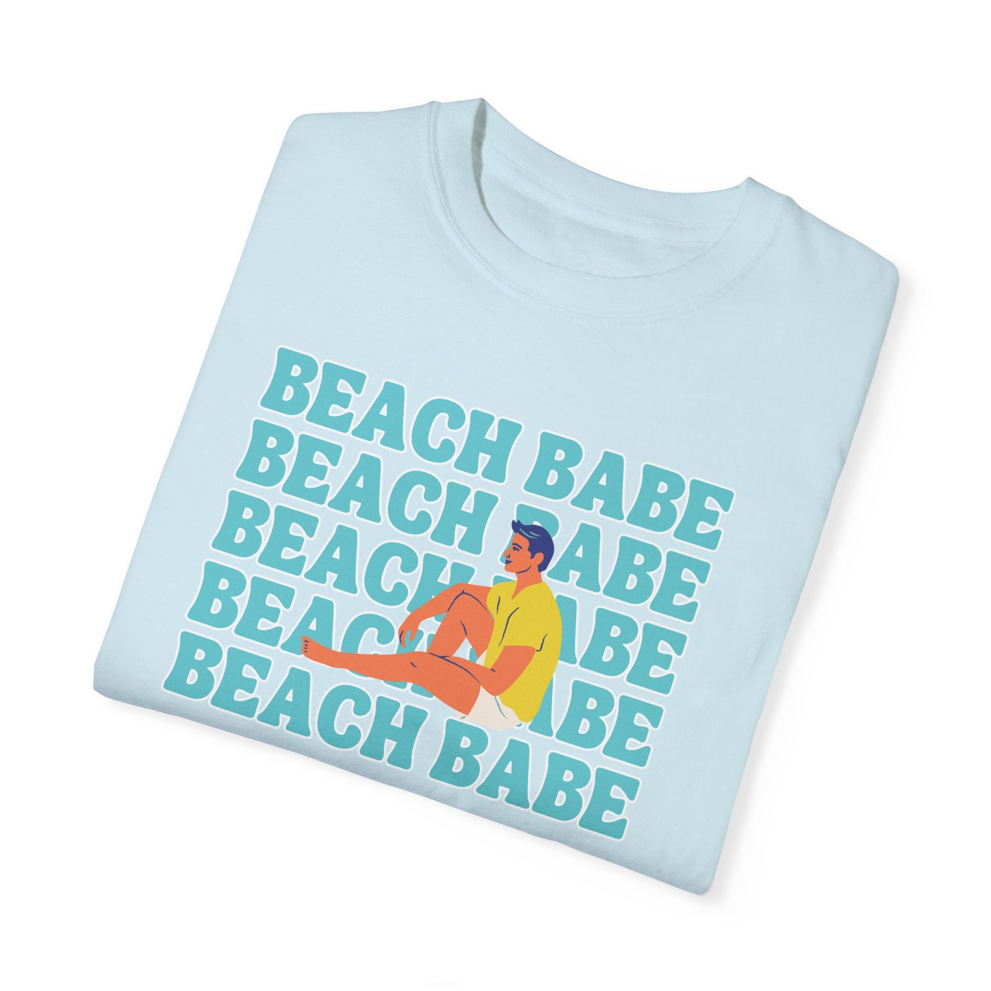 A Guy's Guy Mens' Beach T-Shirt 🏳️‍🌈 "Beach Babe Sitting on Beach"