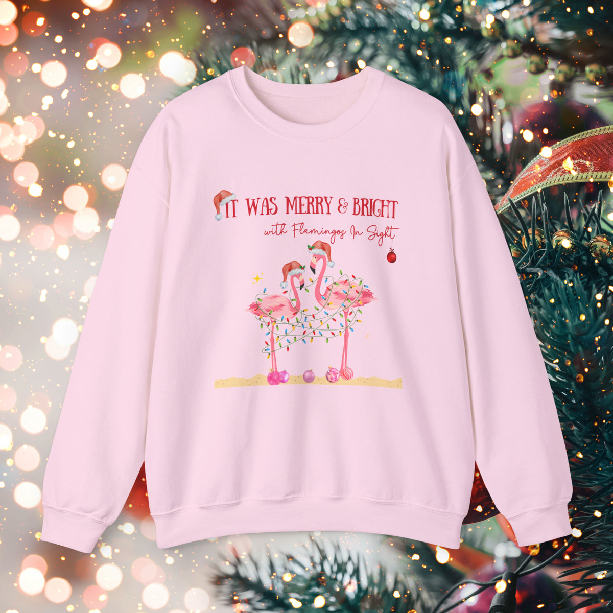 Christmas Flamingo Women's Beach Sweatshirt, Flamingo Lover Shirt, Pink Flamingo Christmas Shirt