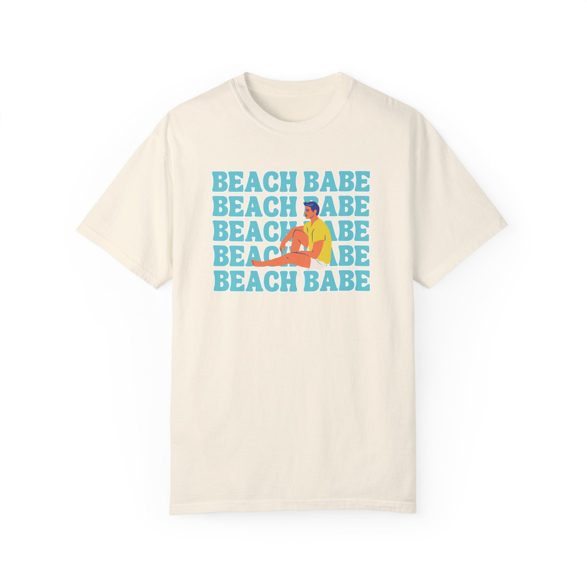 A Guy's Guy Mens' Beach T-Shirt 🏳️‍🌈 "Beach Babe Sitting on Beach"