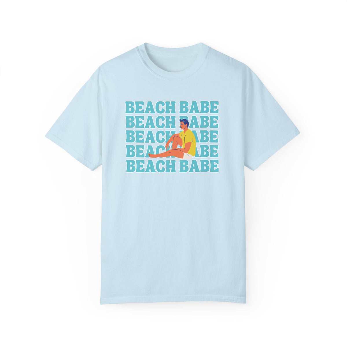 A Guy's Guy Mens' Beach T-Shirt 🏳️‍🌈 "Beach Babe Sitting on Beach"