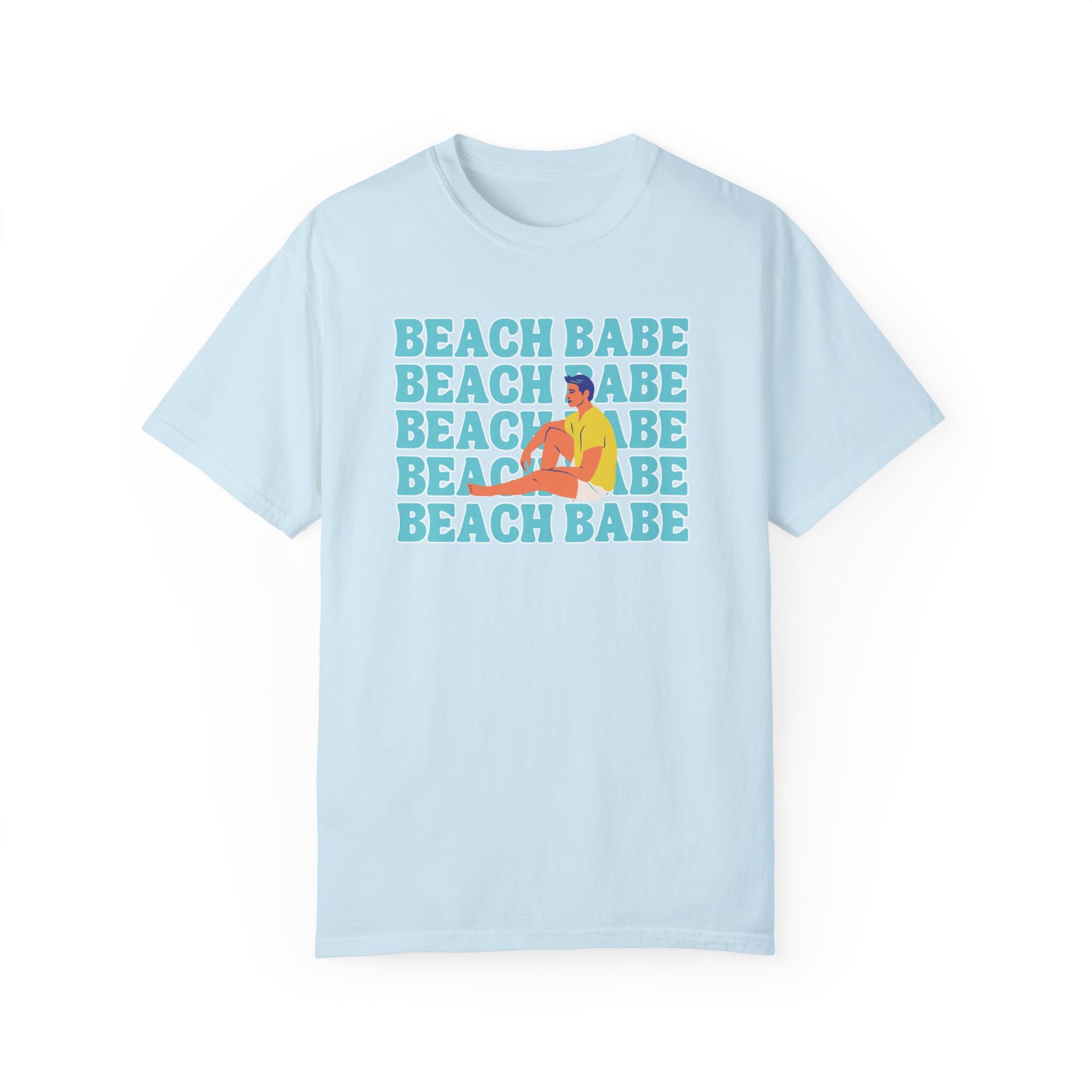 A Guy's Guy Mens' Beach T-Shirt 🏳️‍🌈 "Beach Babe Sitting on Beach"