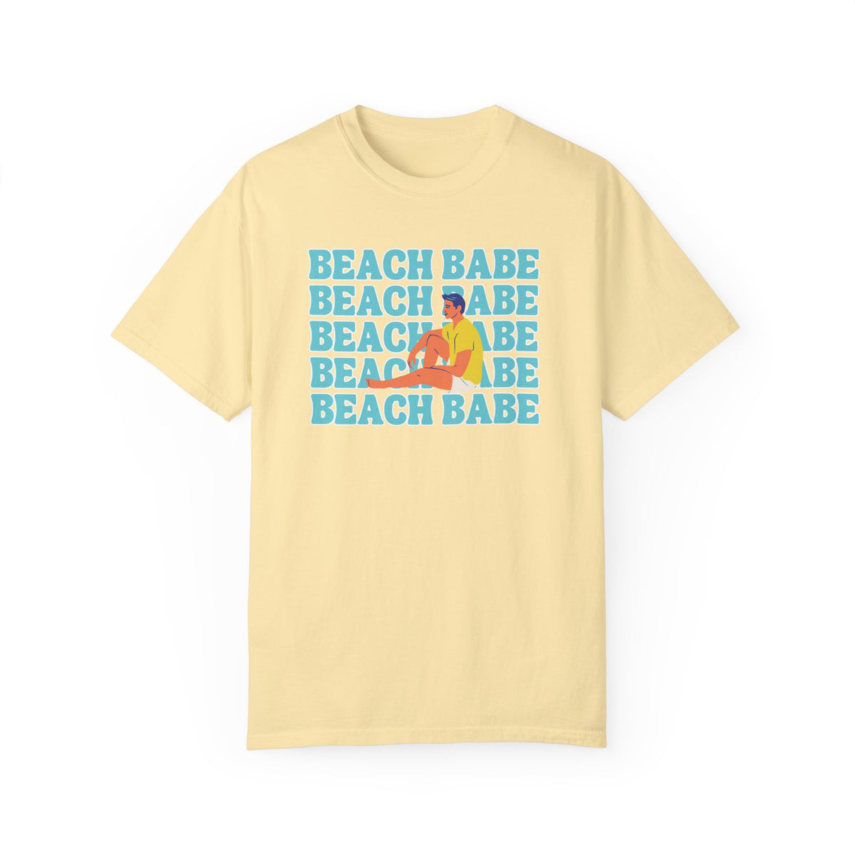 A Guy's Guy Mens' Beach T-Shirt 🏳️‍🌈 "Beach Babe Sitting on Beach"