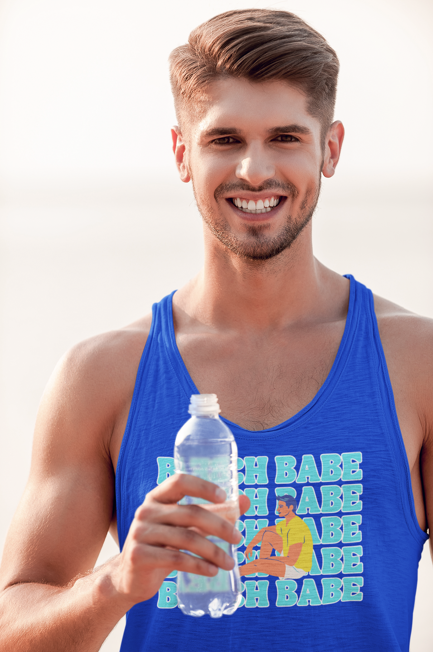 A GUY'S GUY MENS' BEACH TANK TOP 🏳️‍🌈 "BEACH BABE SITTING ON BEACH"