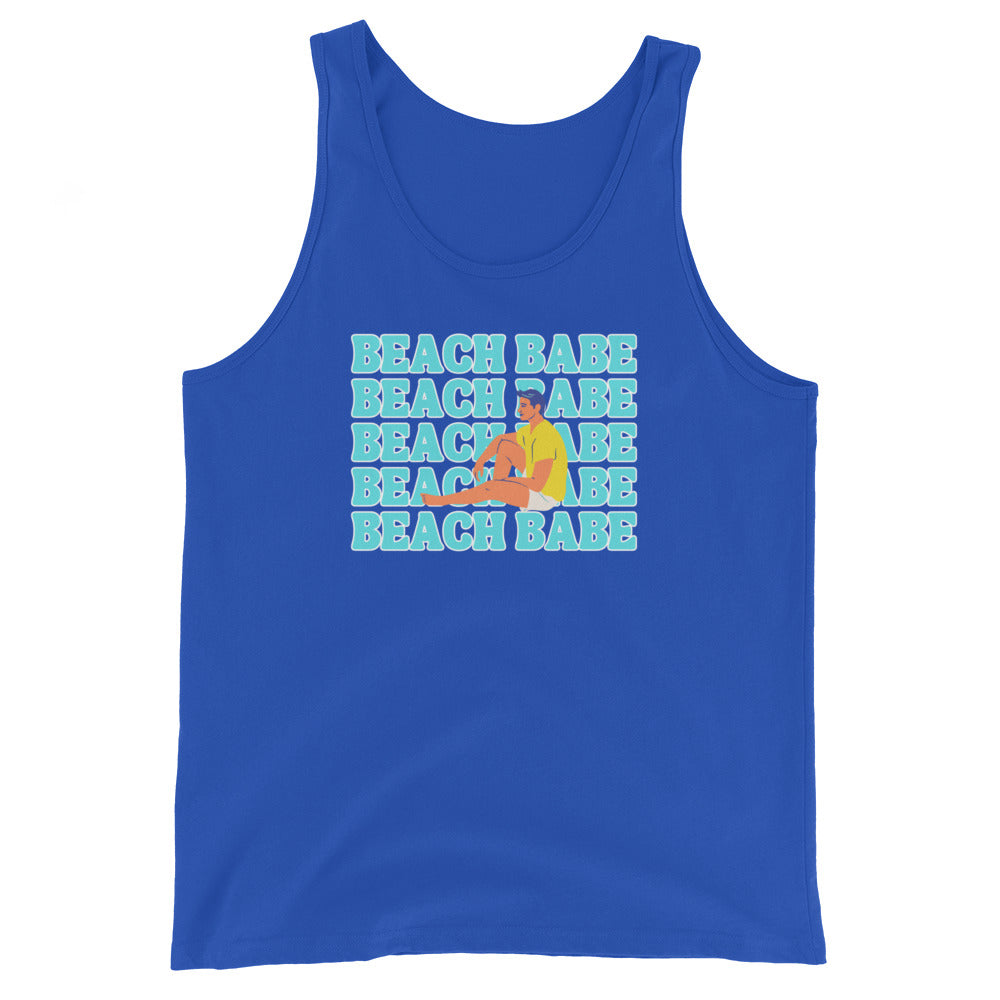 A GUY'S GUY MENS' BEACH TANK TOP 🏳️‍🌈 "BEACH BABE SITTING ON BEACH"