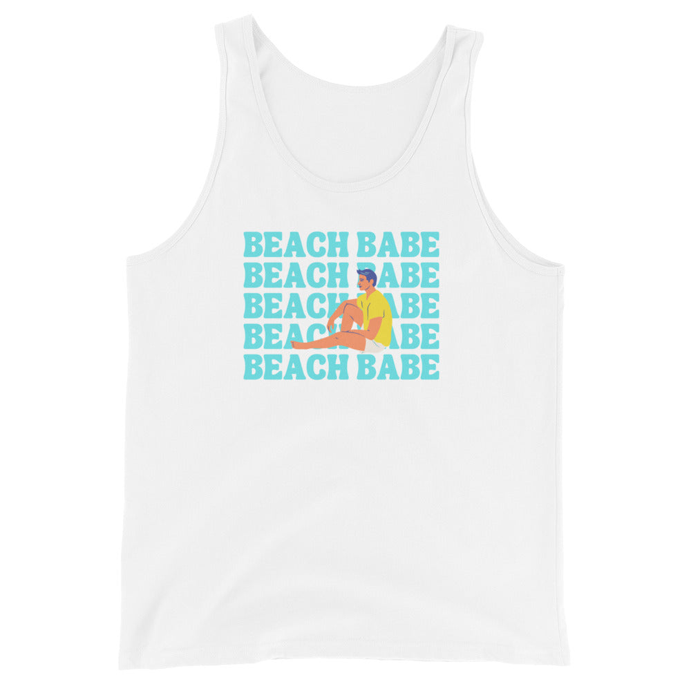 A GUY'S GUY MENS' BEACH TANK TOP 🏳️‍🌈 "BEACH BABE SITTING ON BEACH"
