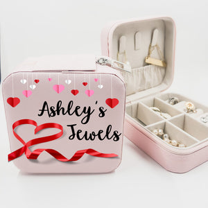 Personalized Hearts and Ribbon Pink Jewelry Box for Rings, Earrings and More
