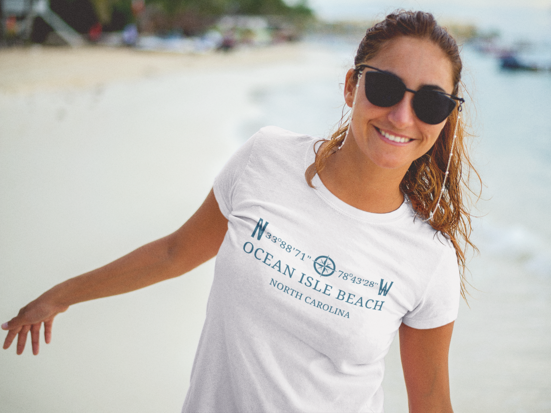 Ocean Isle Beach Longitude and Latitude Beach T-Shirt (With Free